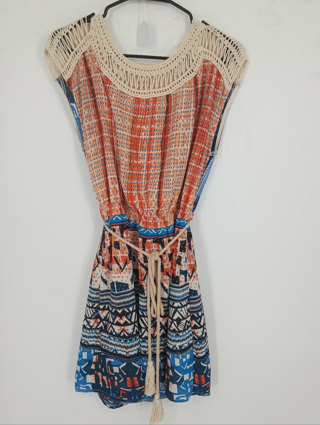 Jealous Tomato Crochet Yoke Rope Belted Mini Dress In Beige, Orange & Blue Boho